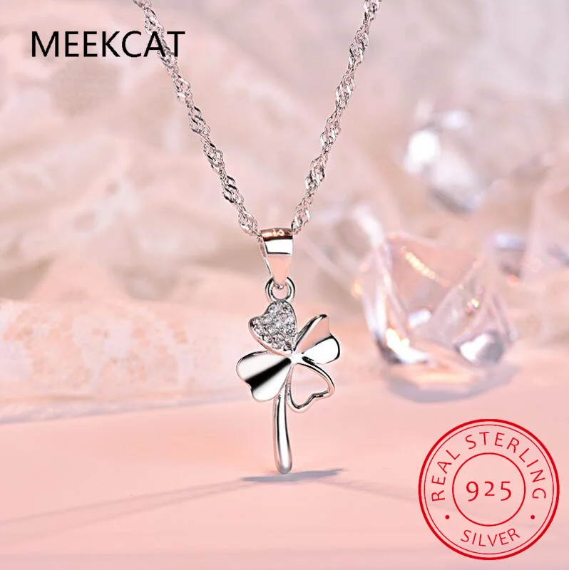 Настоящее серебро 925 пробы модное милое четырехлистное клеверное ожерелье с