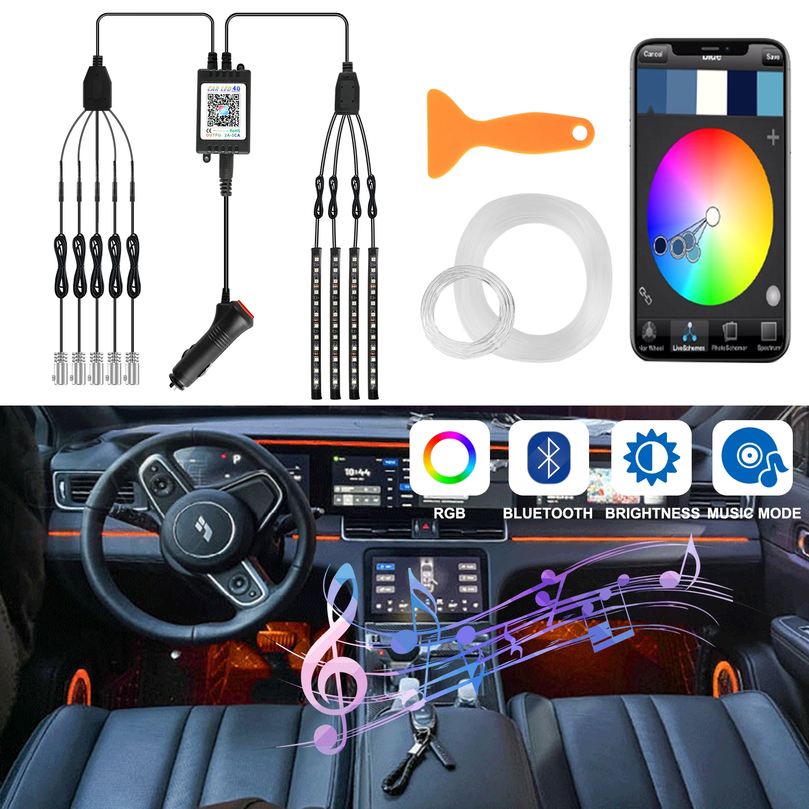 

Control APP Decor Music Car Strip Interior Light SUV Neon Atmosphere LED RGB