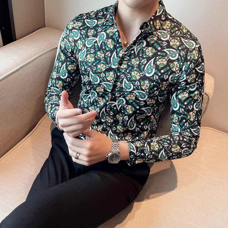 

New Fashion Mens Baroque Floral Royal Shirts Luxury Brand Print Designer Dress Shirts Fancy Slim Casual Club Style