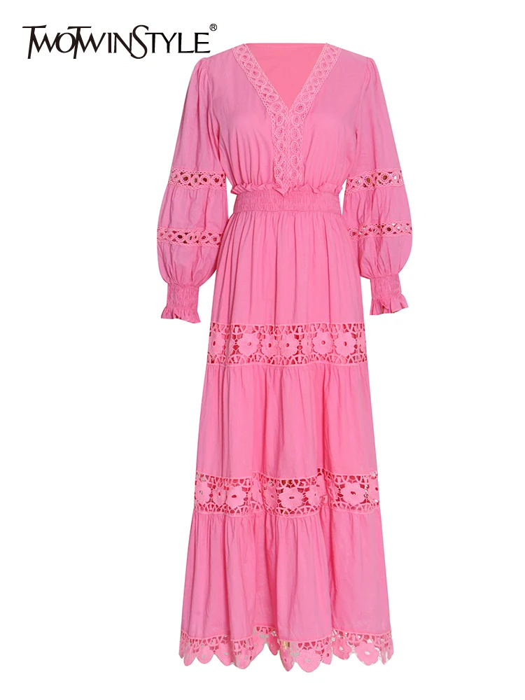 

TWOTWINSTYLE Patchwork Lace Cut Out Summer Dresses 2022 Women V Neck High Waist Solid Elegant Midi Dress Female Clothing Fashion
