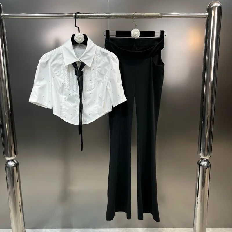 

BORVEMAYS, Новинка лета 2023, Облегающая рубашка с отворотом и коротким рукавом со стразами + черные брюки с высокой талией, комплект из двух предметов, WZ1679