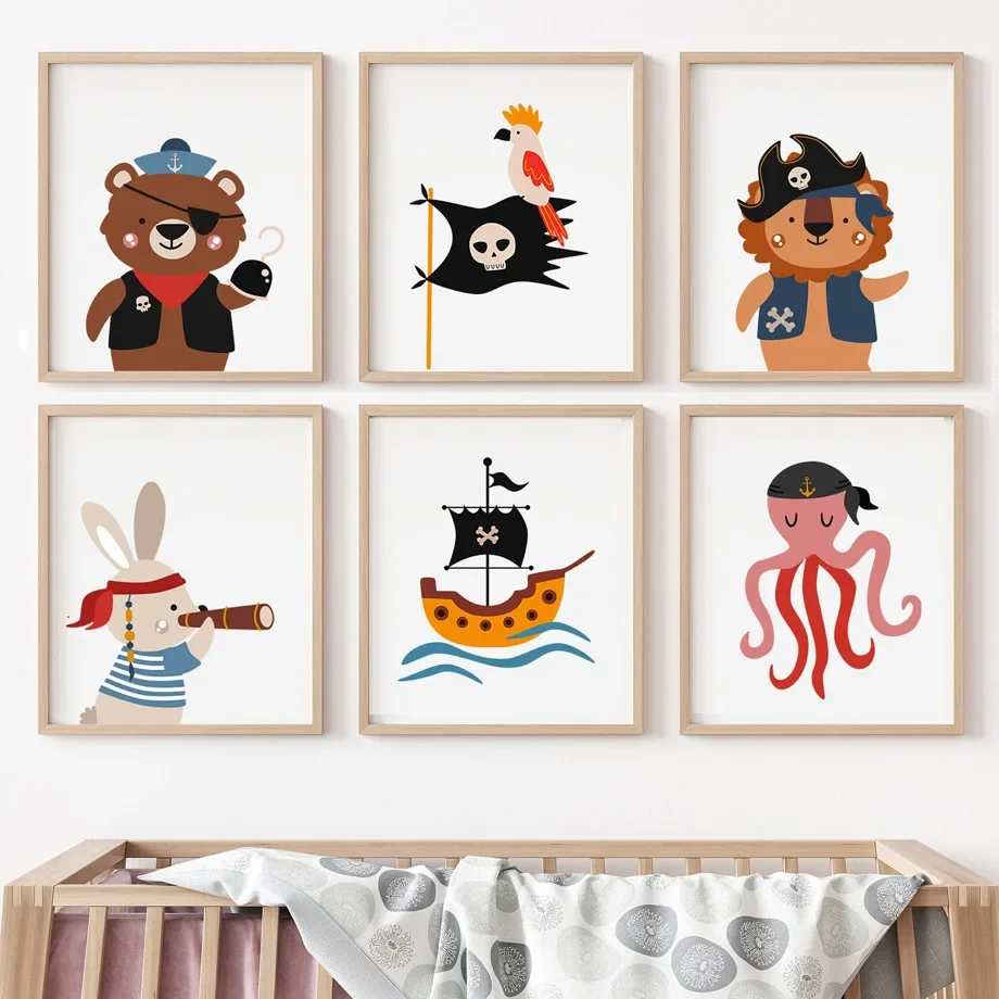 Пиратский корабль Животные медведь Лев Кролик океан настенная живопись на