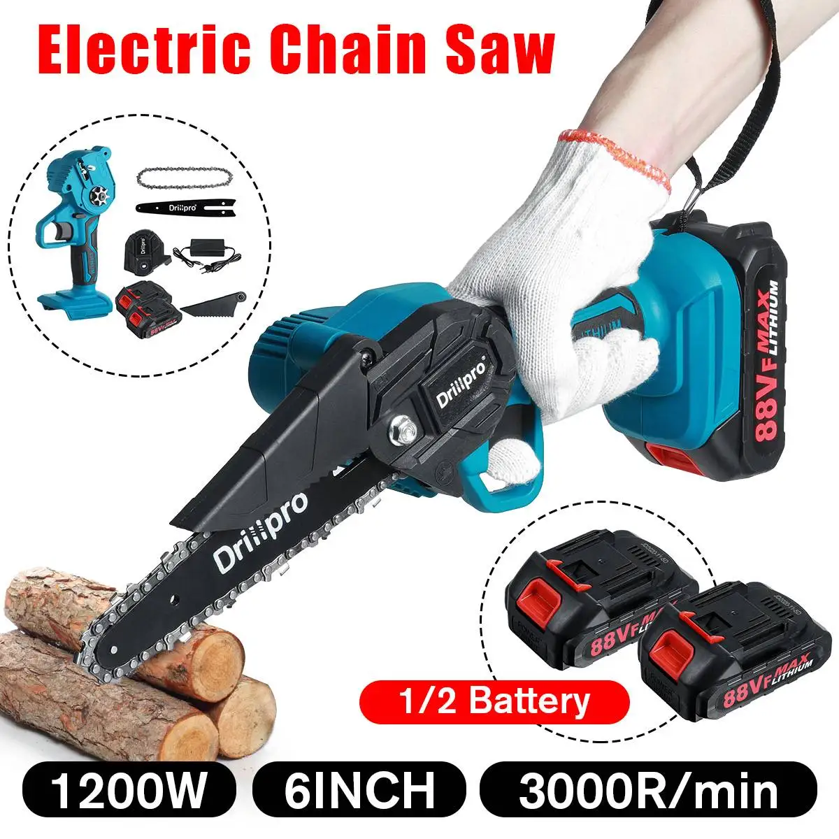 

1200W 6 Inch Electric Chain Saw Pruning Saw Li-ion Battery Tree Garden Logging Woodworking Power Tools For Makiita 18V Battery