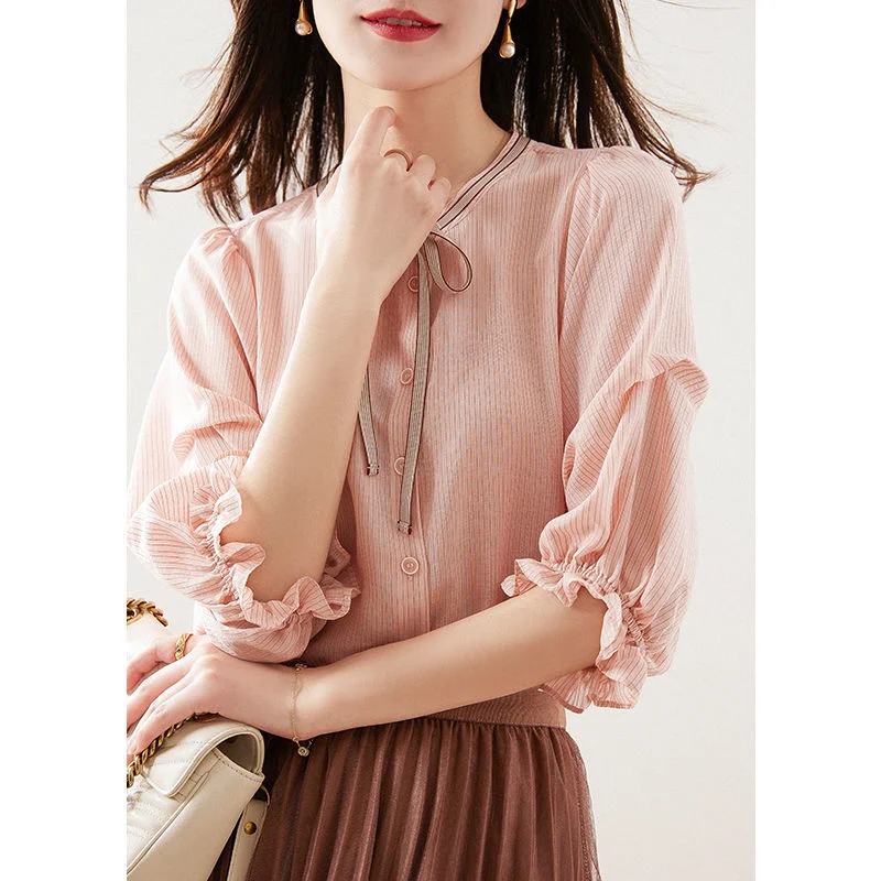 Shirt Women's Half Sleeve Autumn 2022 New Fashionable Bow Pink Shirt Loose Spring and Autumn Elegant Top Blouses Chemise Femme