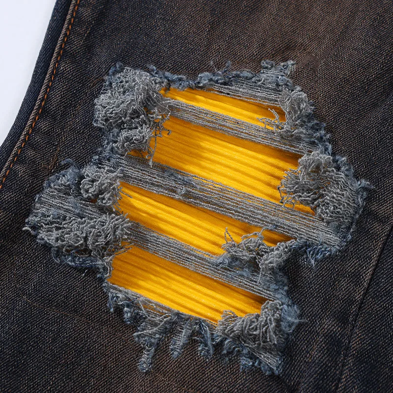 Fashion Men's Jeans Hip Hop Stretch Skinny Jeans Streetwear Ripped Yellow Patch Denim Pants High Quality Washable Cotton Trouser