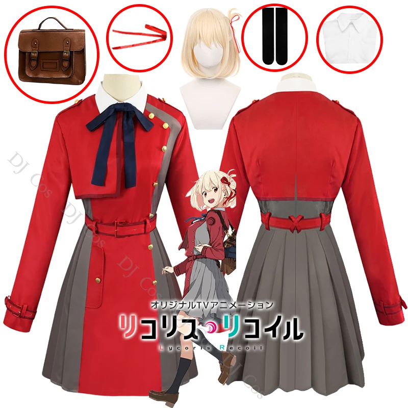 Костюм для косплея Chisato Nishikigi Anime Lycoris Recoil - красное платье, парик, рюкзак, аксессуар для волос, униформа, рубашка, чулки для девочек и женщин.