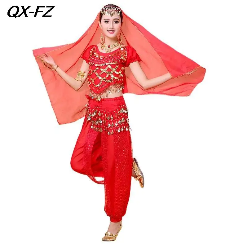 

Женский костюм для индийского танца, комплект из 3 предметов, топ с блестками и брюки для танца живота