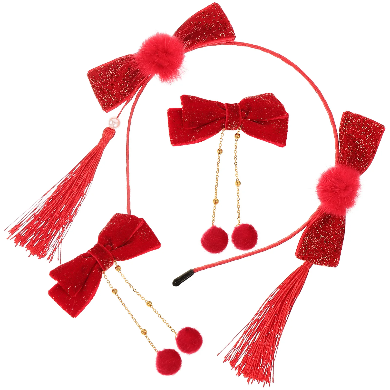 

Hair Pins Bow Clips Chinese Cute Accessories Furry Balls Headband Fabric Tassel Child