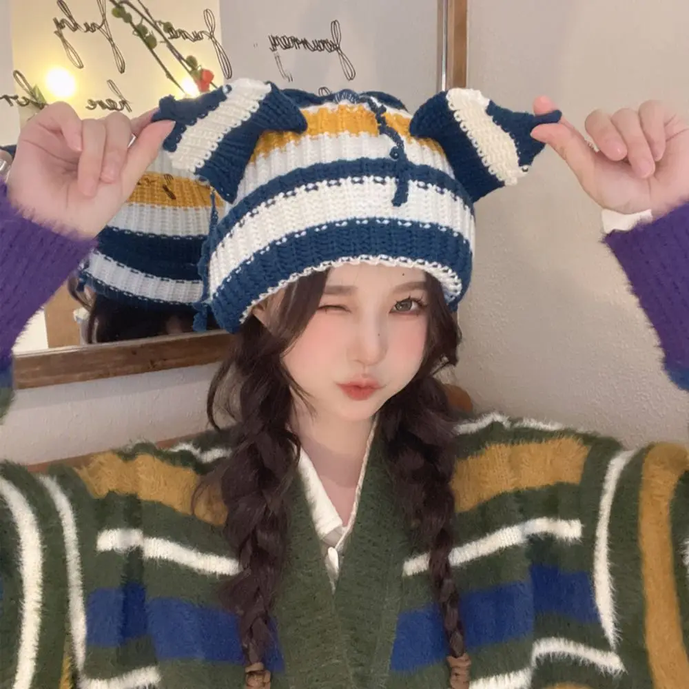 

Cat Ear Knit Hat Double-layer Warm Pig Ear Woolen Hat Fashion Hooded Cap Niche Cold Hat christmas Gift Hip-hop Cap