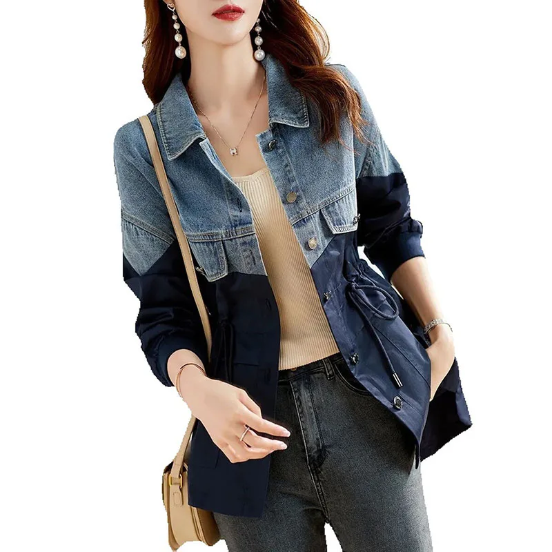 

2023 Spring And Autumn New Loose Contrast Denim Patchwork Trench Coat Versatile Jacket Women Clothing