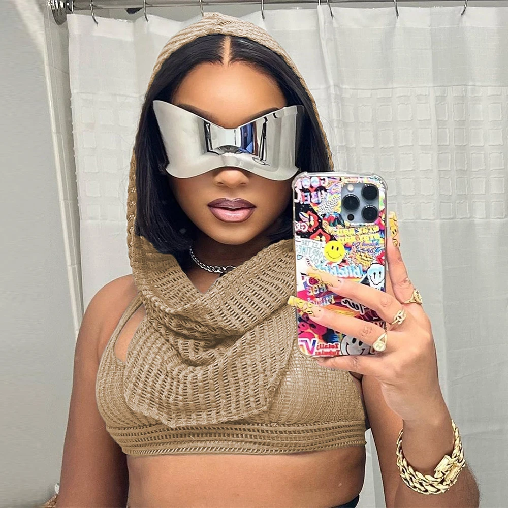 

Женский однотонный вязаный крючком Топ без рукавов с капюшоном Y2K пикантная майка с открытой спиной на пупке эластичный узкий уличный хипстерский жилет