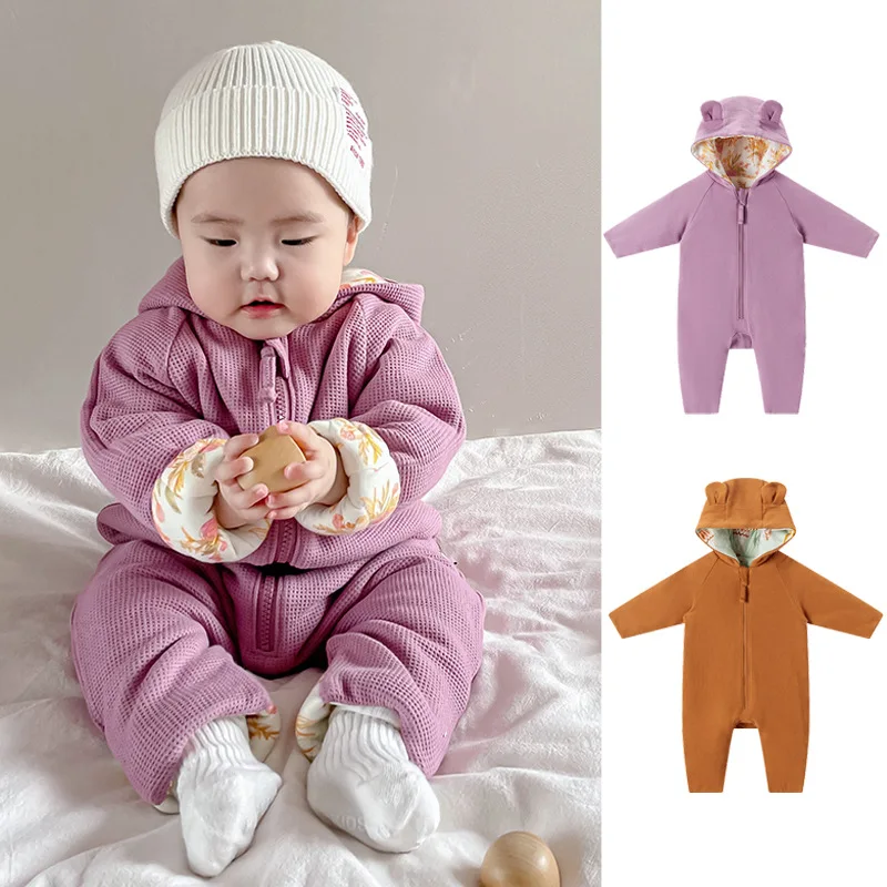Baby Girl Romper 2022 Autumn Winter New Children's Hooded Climbing Boy Baby Cotton Coat Baby Wear Jumpsuit On Both Sides
