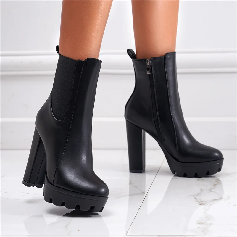 

Women Chelsea Ankle Boots 12cm High Heels 3.5cm Platform Square Block Super High Heels Lady Fashion Stripper Booties Party Shoes
