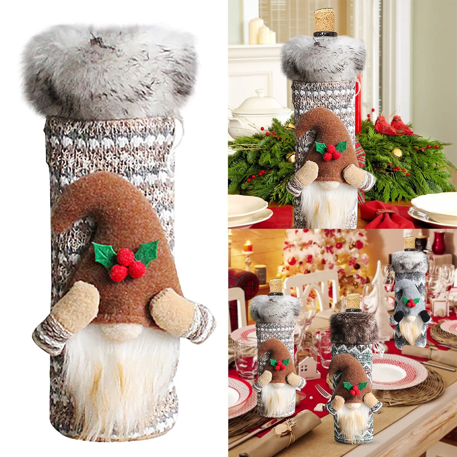 

Рождественская шапочка для винной бутылки, кукла без лица, Упаковочная Сумка для красного вина, Рождественская шапочка для вина с длинными волосами, украшения для стола