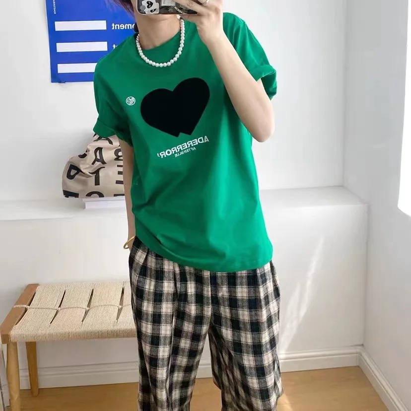 

ADER New Flocking Love Round Neck Short Sleeve Unisex Loose Street Brand Couple T-shirt Summer Half Sleeve Oversized T Shirt