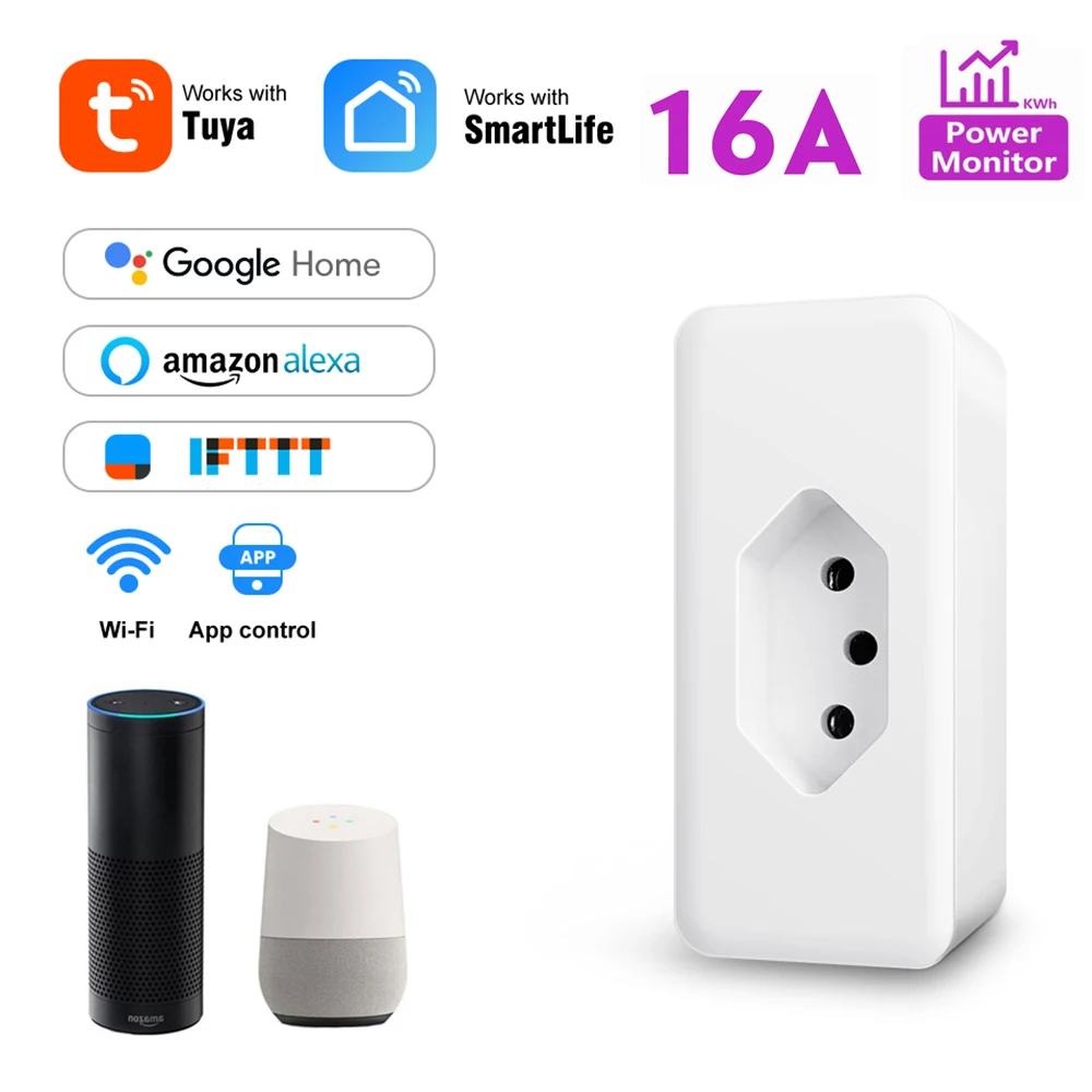 Купи WiFi Smart Plug Tuya Electrical sockets Brazil Standard 16A Smart Life APP Outlets Voice Works With Google Home Alexa за 668 рублей в магазине AliExpress