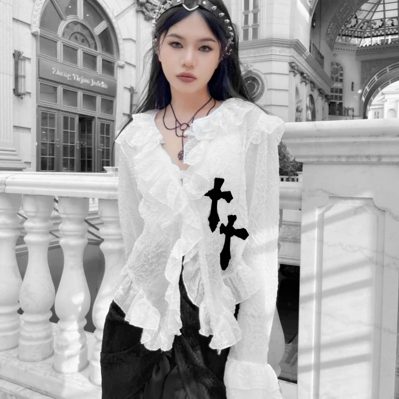 Винтажная белая рубашка с длинным рукавом в стиле панк уличная одежда для