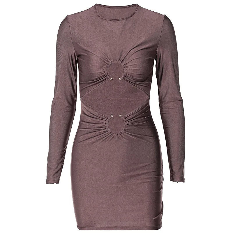 

Sexy Hollow Out Dress for Women Round Neck Fashion Casual New High Waist Slim Summer Long Sleeve Short Dresses 2023 New Clothing