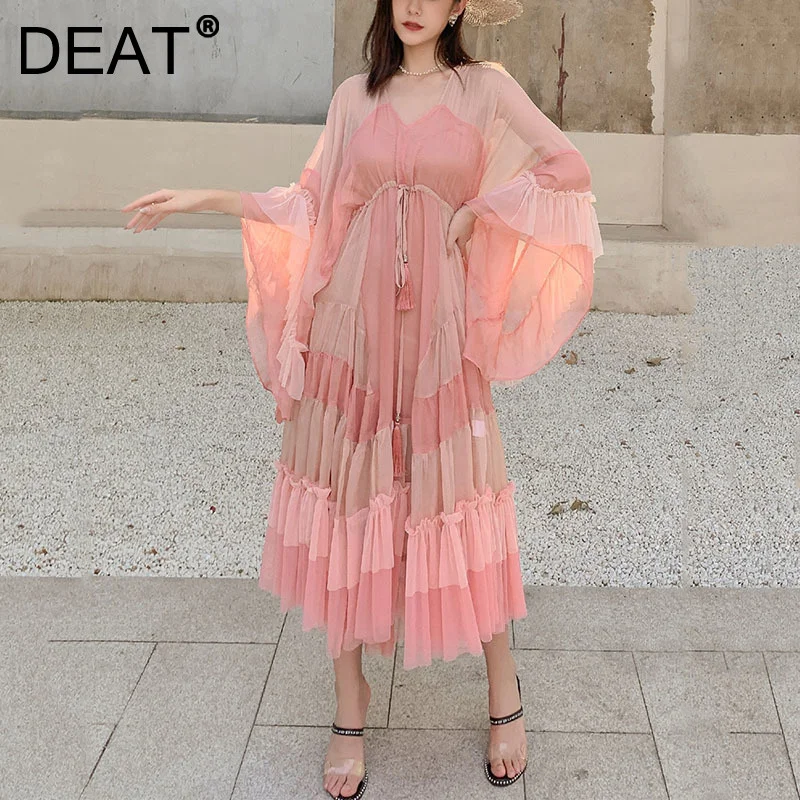 

DEAT Woman Dress Pink Cake With Lined Mesh Flare Sleeve Drawstring Waist Elegant Fashion Beach Style 2023 New Summer 15HT424