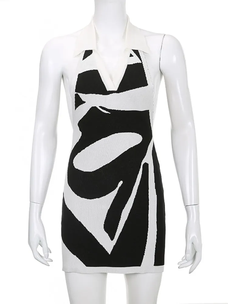 WJFZQM черно-белое трикотажное облегающее платье с принтом женские летние