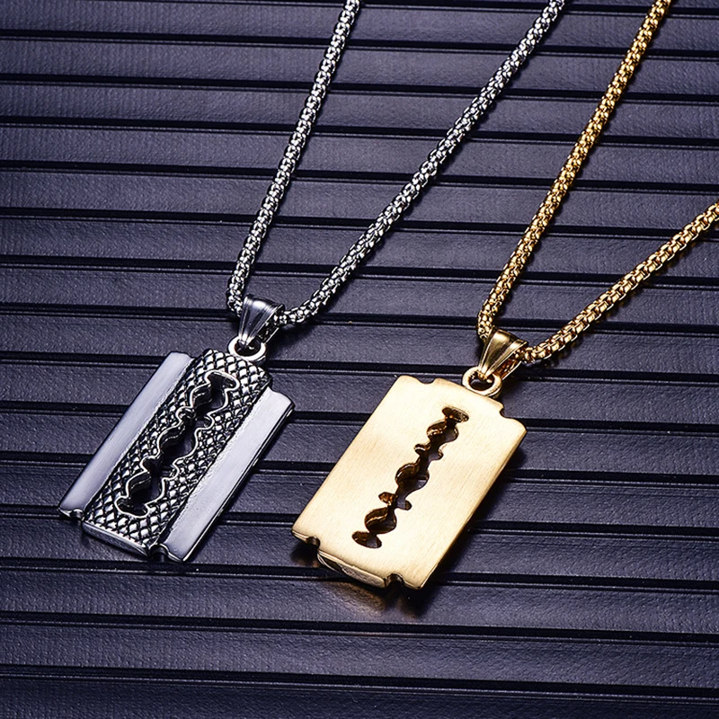 

Punk Razor Blade Pendants Necklaces Gold Color Stainless Steel Chain Barber Shop Necklace for Men Jewelry