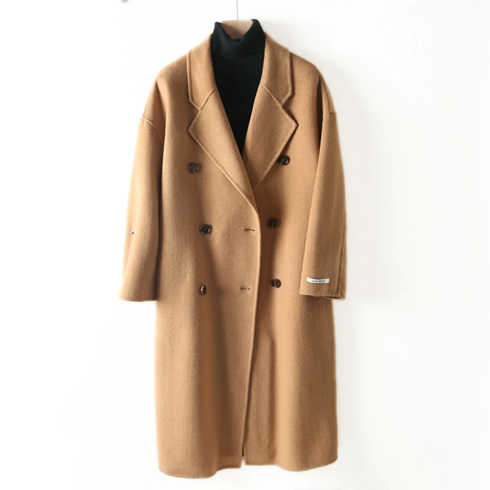 Женское длинное шерстяное пальто на осень и зиму однотонное кашемировое