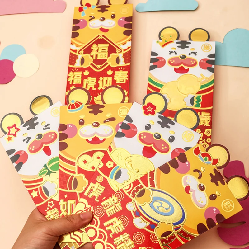

6pc Creative Cute Cartoon Tiger Print Chinese Zodiac Wallet New Year Red Envelopes Lucky Festival Money Pockets Holiday Gift Bag