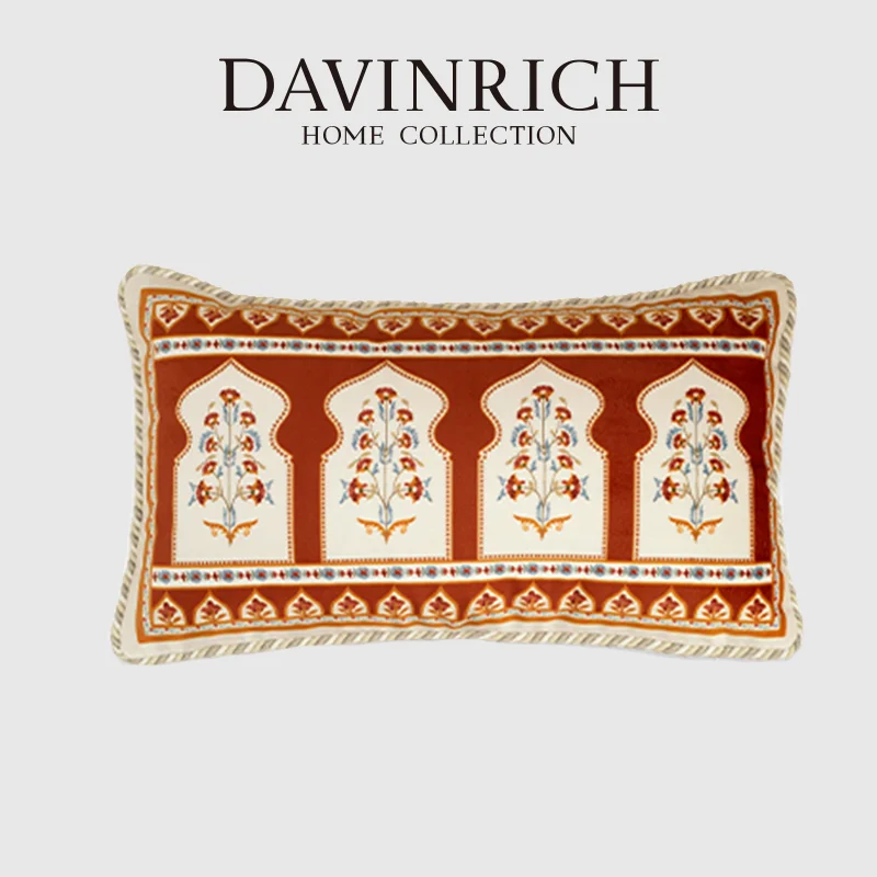 

DAVINRICH Porch Roma Floral Lumbar Pillow Covers Retro Brick Red Velvet Rectangle Cushion Case 30x50cm For Living Room Sofa Bed