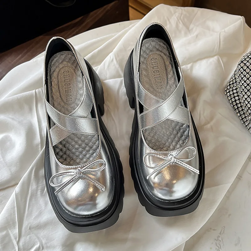 

Женские туфли-лодочки на толстой подошве, Туфли Мэри Джейн с круглым носком и бантом для девушек, черные, серебристые туфли на высоком каблуке, Новинка осени 2023