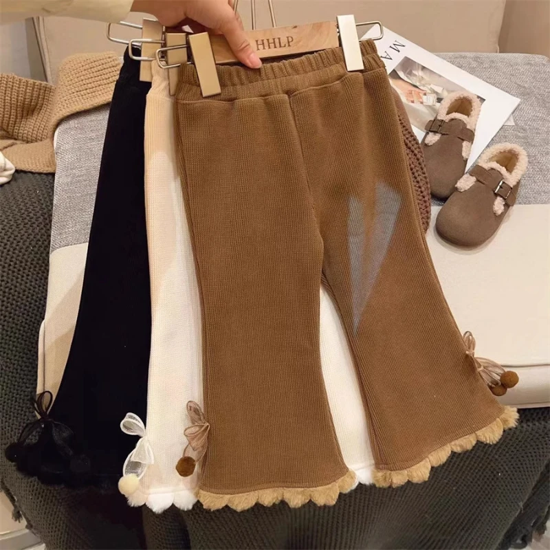 

Зимние штаны для девочек, утепленные широкие штаны с бантом для девочек, детские повседневные кружевные штаны, зимняя одежда для девочек