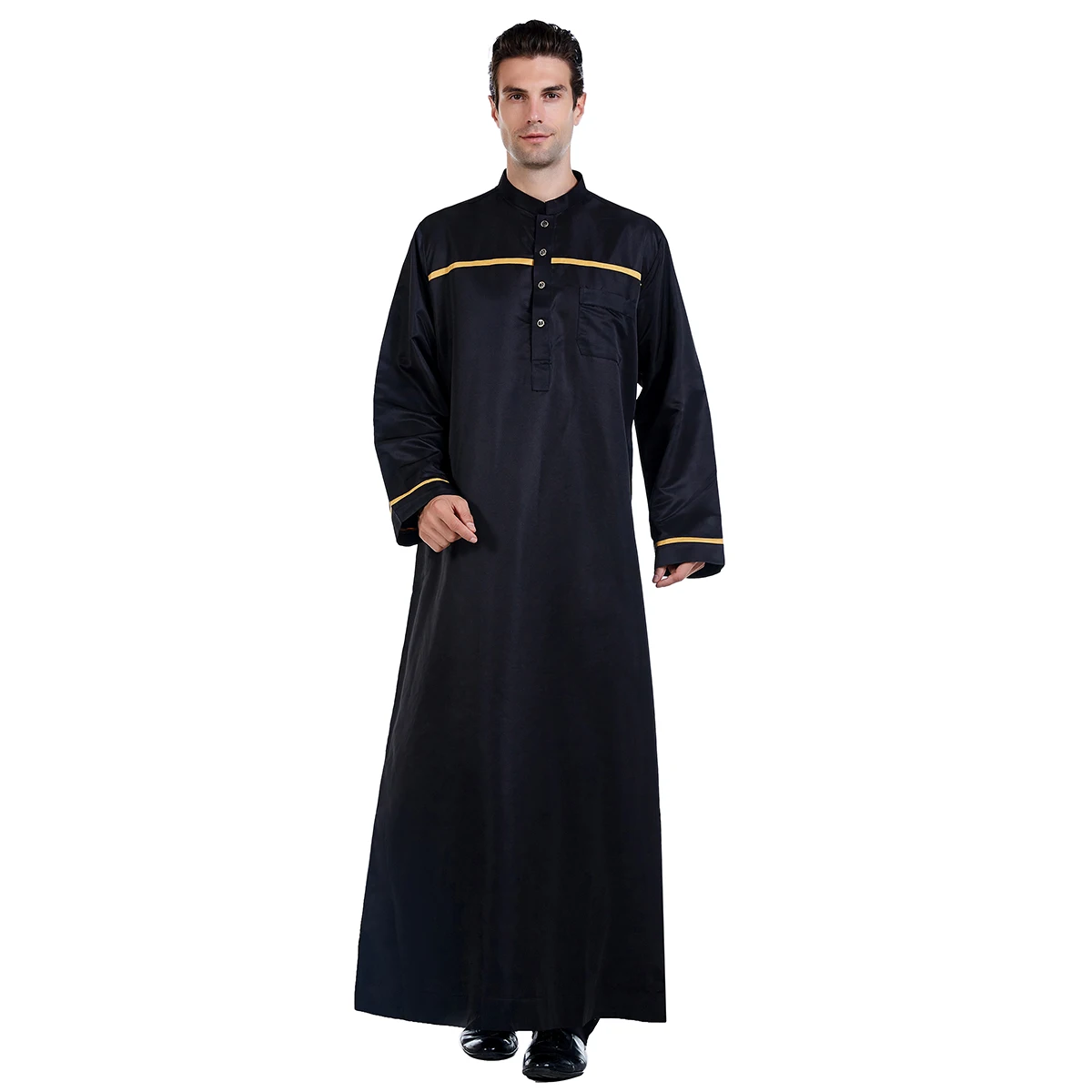 Muslim Men's Standing Collar Ramadan Thobe Long-sleeved Muslim Dubai Abaya Saudi Arabia Islamic Polyester Gown Kaftan Thawb Maxi