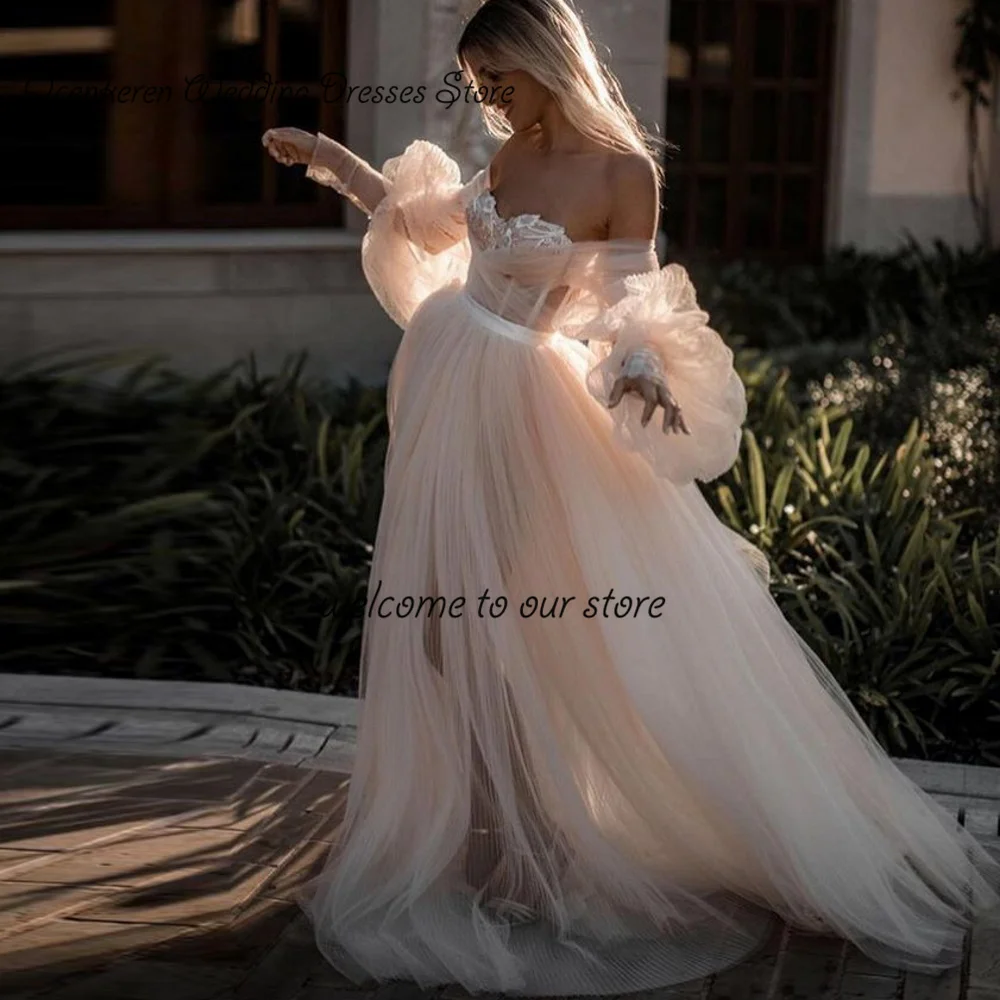 

Qcenkeren Elegant Puff Sleeves Bridal Veils For Women Off-The Shoulder Wedding Dresses Pleated Bride Dress Long Bridal Gowns