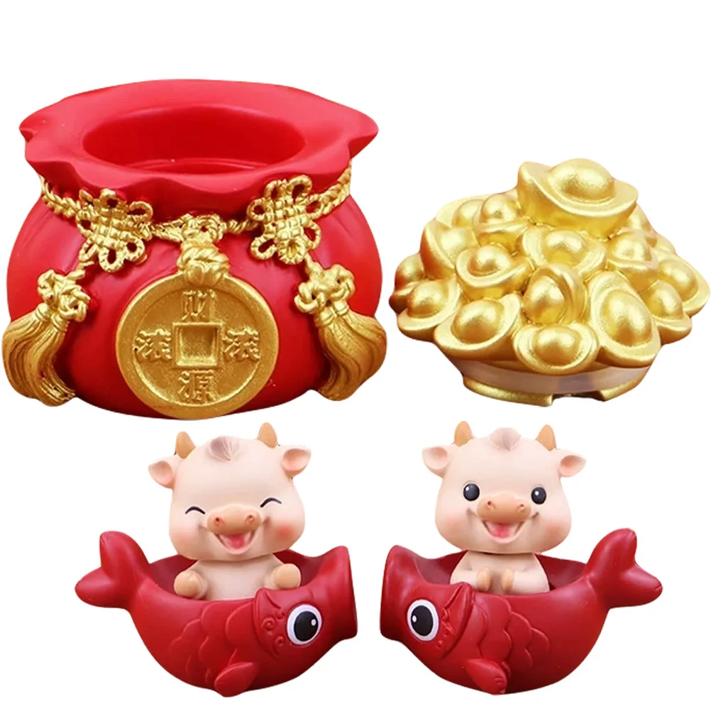 

1 Set Desktop Bookshelf Cabinet Gold Ingot Purse Chinese Style Cattle Figurine New Year Cattle Decor
