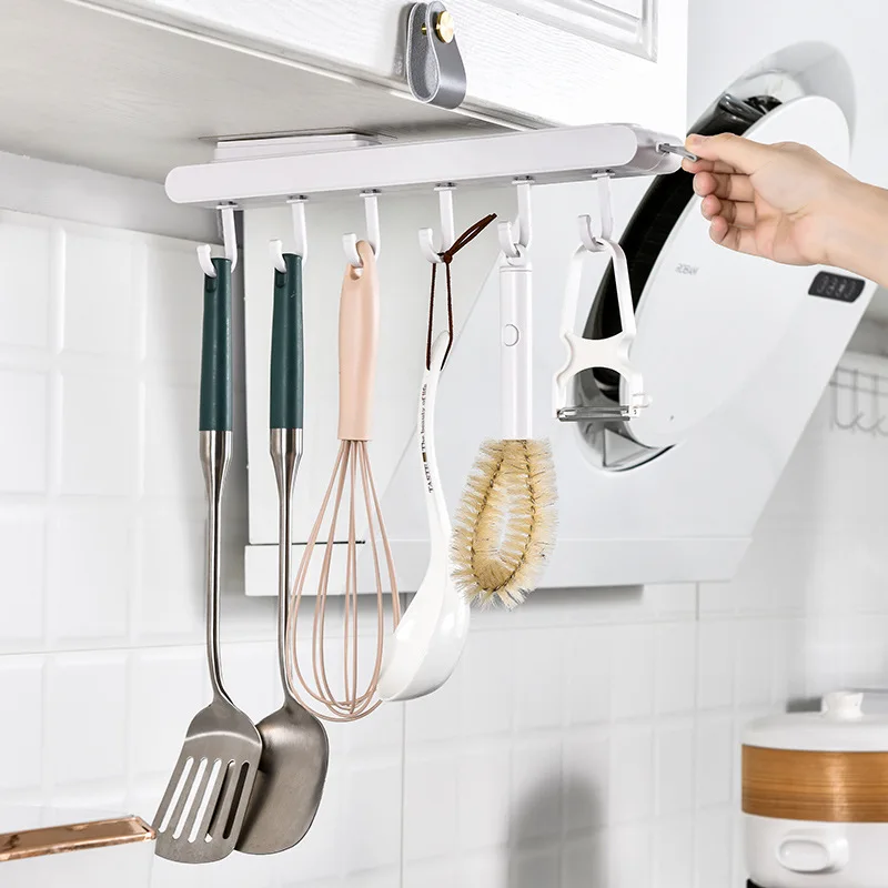 Kitchen Free Punch Pull-out 6 Hooks Under The Cabinet Kitchenware Storage Rack Retractable Sticky Hook Essentials |