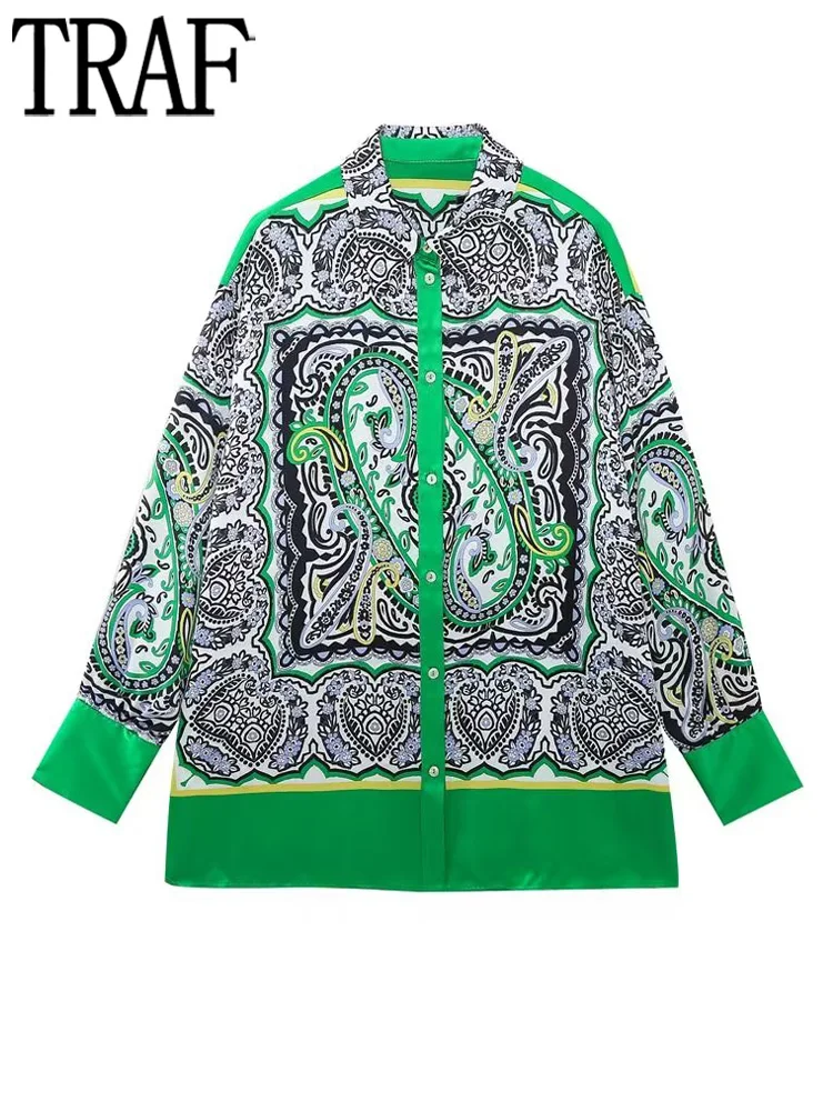 

TRAF Print Long Shirt Women Boho Oversized Shirt Woman Collared Button Up Shirts for Women Spring New Long Sleeve Top Female