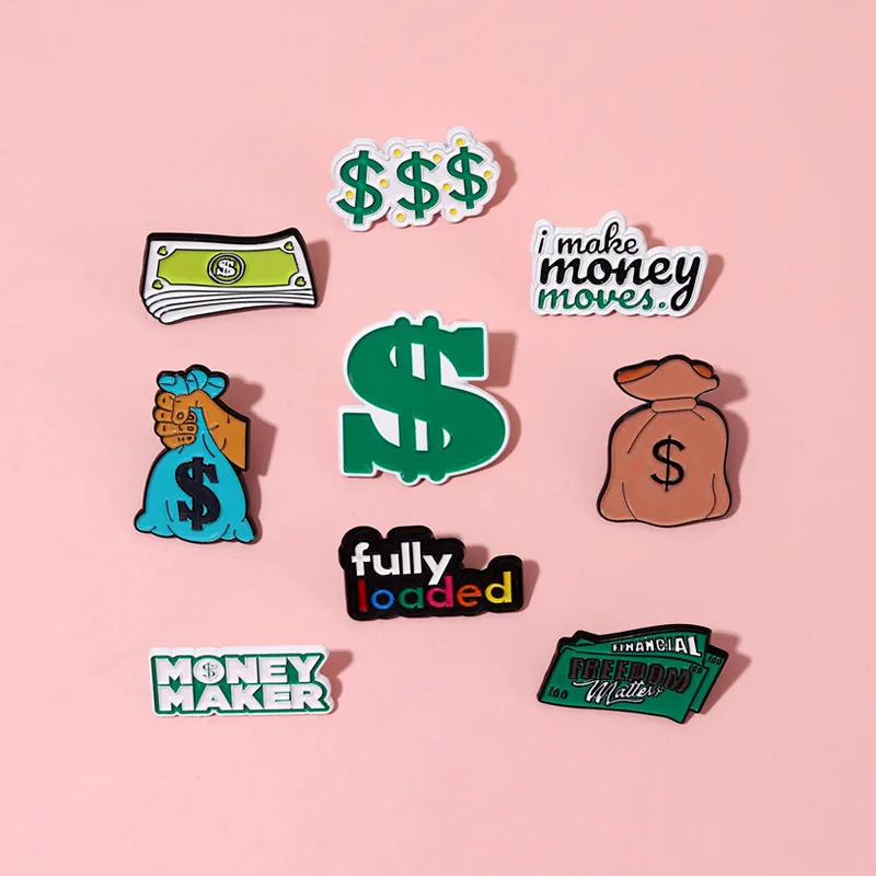 

XM-funny Gold coin-shaped alloy letter brooch personalized trend 'I make money' shape baking lacquer badge wholesale