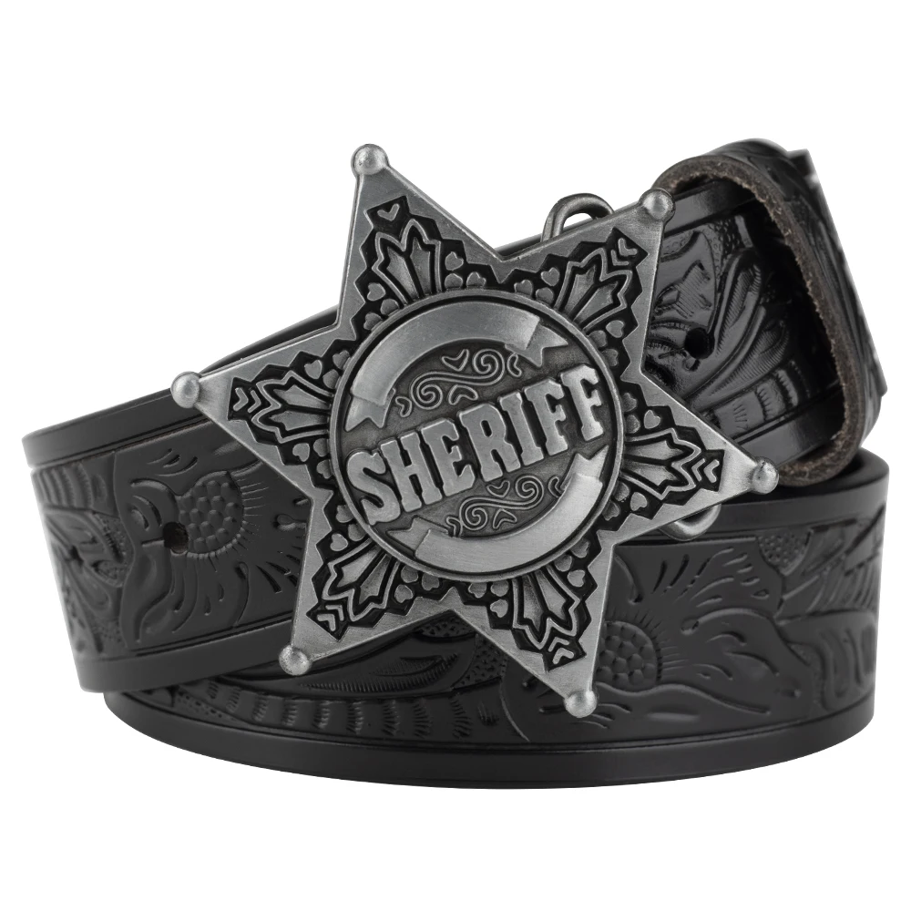 Sheriff Buckle Tangcao Pattern Leather Belt Fashion Embossed