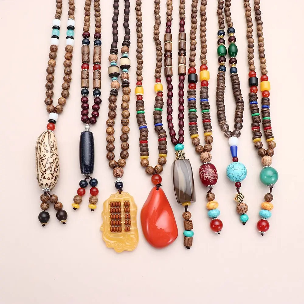 

Vintage Ethnic Jewelry Party Lucky Gift Mala Wood Bead Horn Fish Pendant Buddhist Nepal Necklace