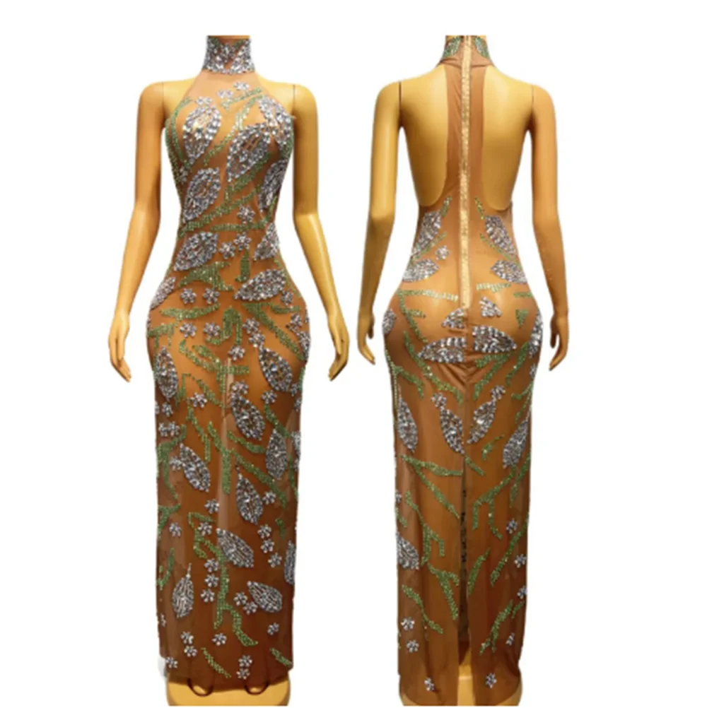 

Full Rhinestones Dress Singer Host Stage Clothes Stretch Drag Queen Costume Birthday Party Banquet Evening Dresses