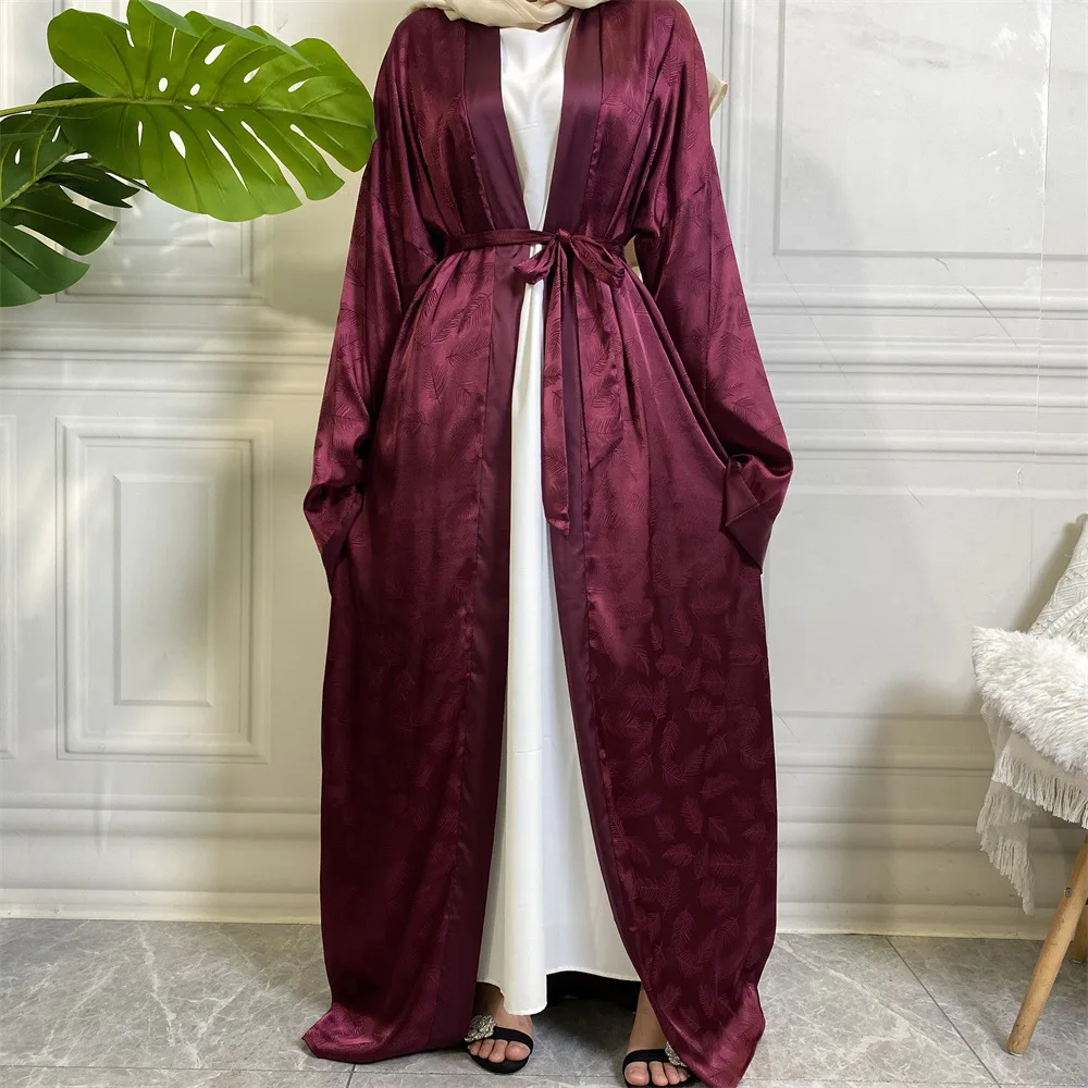 Middle East Fashion Printed Satin Cardigan Robe Loose Sleeve Muslim Dress Open Abaya Women Islamic Clothing Turkish Tunic Kimono
