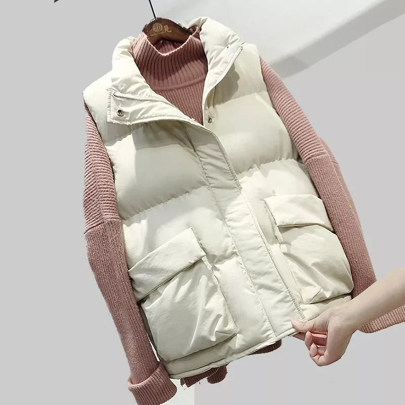 

NEW 2023 Winter Warm Vest Jacket Women Sleeveless Vests New Zipper Pocket Stand-up Collar Cotton Waistcoat Gilet Female