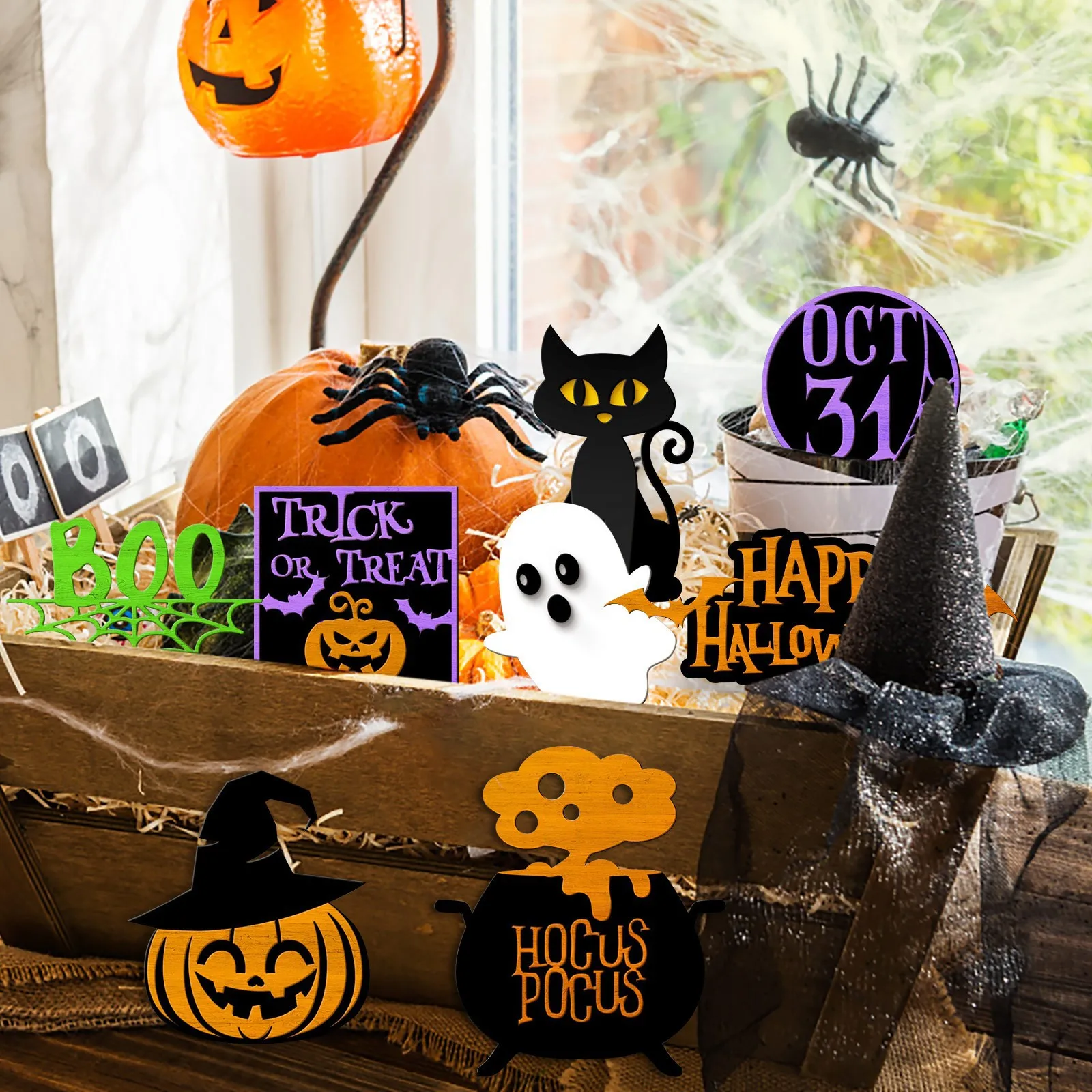 

2023 Halloween Tray Decoration Ornaments Home Tray Wooden Pumpkin Ghost Atmosphere Props Halloween Party Table Decoration