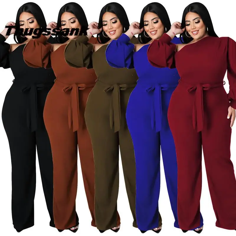 

European and American large size women's solid color lantern sleeves with sloping shoulders and waistband fashion jumpsuit