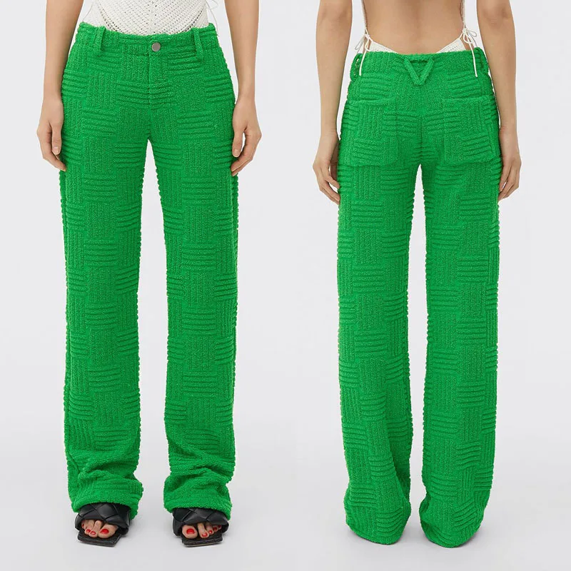 

132591 Fashion Classic Trendy Luxury Designer Cloth Woven Jacquard Terry Straight Tube Green Casual Women's Trousers Pants