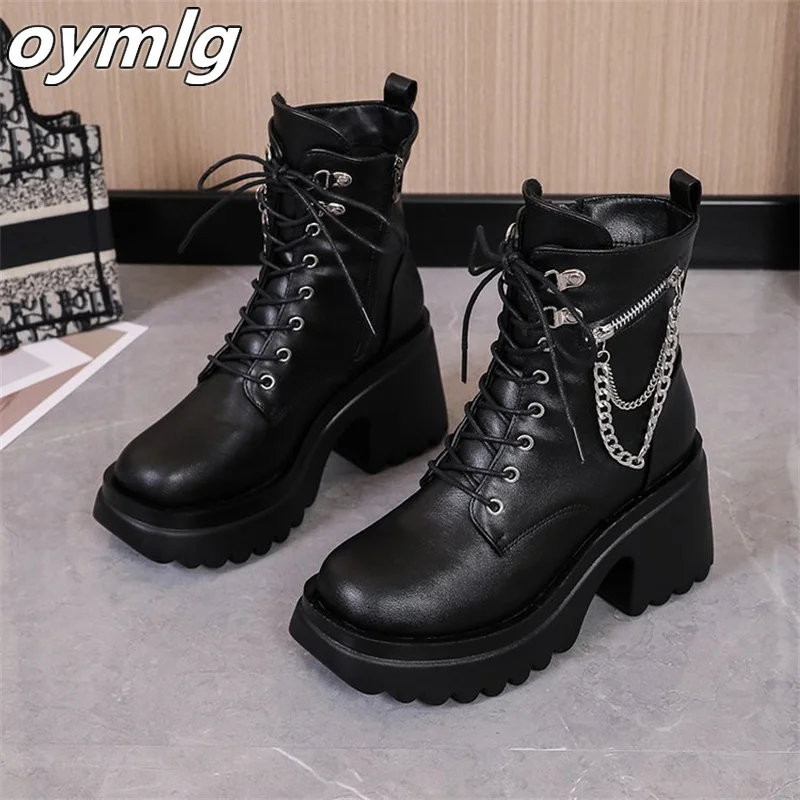 

Женские ботильоны с молнией спереди, полусапожки на платформе и толстом каблуке, с металлической цепочкой, Осень-зима 2022