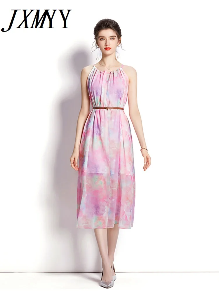 

JXMYY 2022 Летняя мода новые продукты элегантное темпераментное платье с воротником хомутом и открытыми плечами с принтом женское цельное плат...