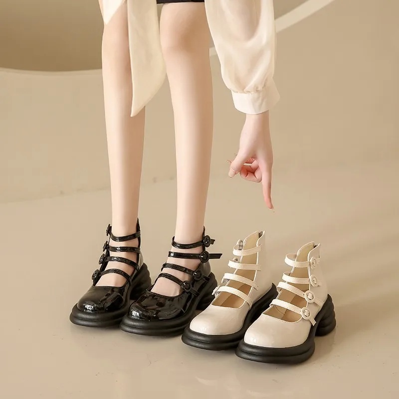 

High-Heeled Mary Jane Shoes Platform Shoes 2023 Summer New Leather Retro Round Roe Fashion British Style Women's Shoes 35-39