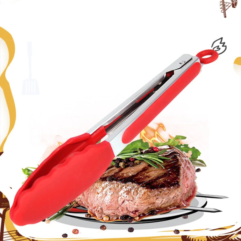 

2022 New Stainless Steel Barbecue Clip Kitchen Cooking Salad Bread Silicone Anti-skid Pliers Non Stick Barbecue Clip Small Tools