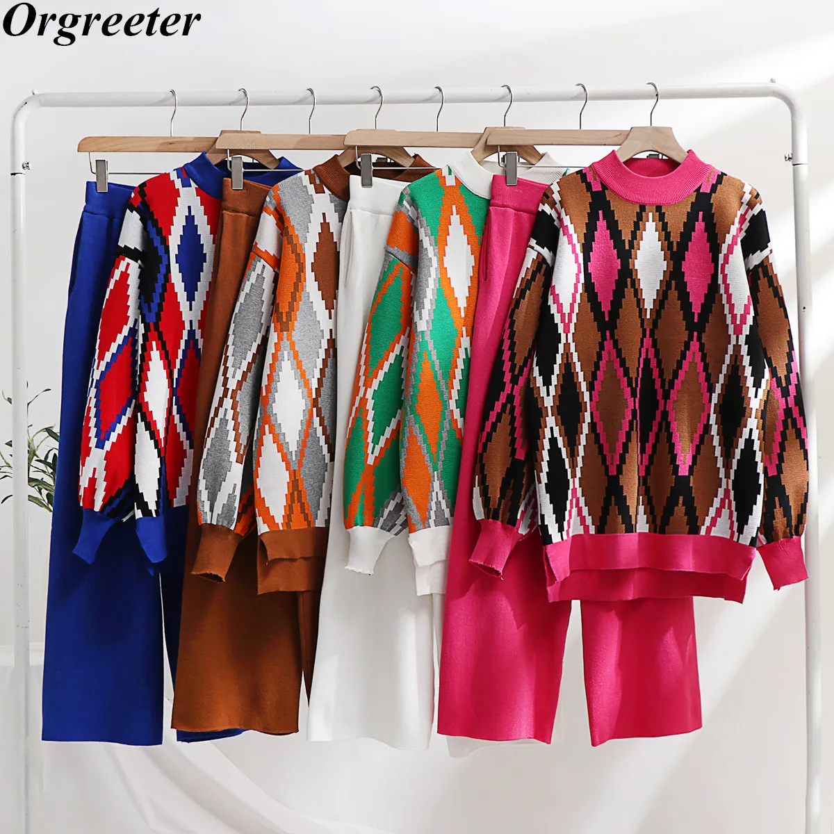 

Женский трикотажный комплект из 2 предметов, разноцветный свитер с геометрическим рисунком, спортивные костюмы в клетку, Свободный пуловер с круглым вырезом и брюки, женские костюмы на осень и зиму