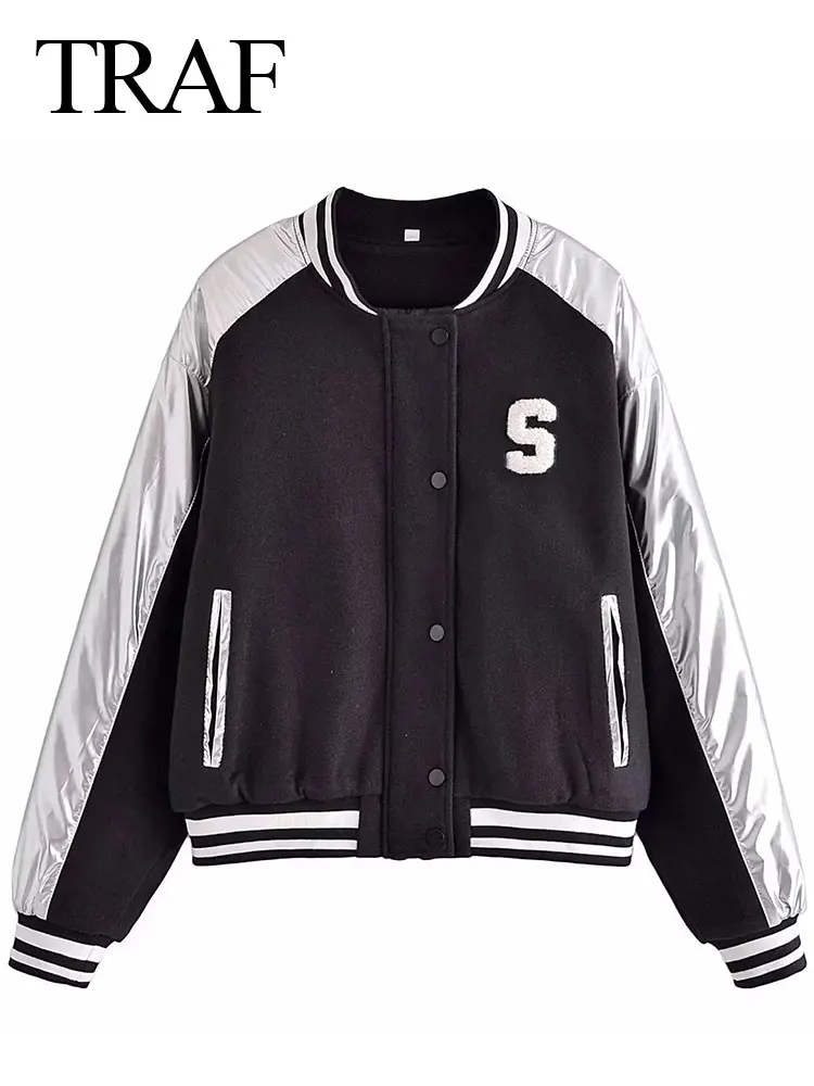 

Трендовая бейсбольная Униформа TRAF для женщин, Повседневная свободная Черно-белая куртка на молнии с пуговицами, модный универсальный топ, ...